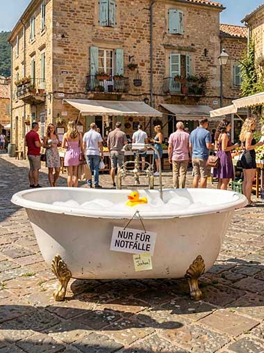 Volle Badewanne mit Quietscheentchen in der Mitte eines geschäftigen Marktplatzes. Zwei MÄnner in Bademänteln stehen davor. Auf dem Schild an der Badewanne steht 'Nur für Notfälle - und Jochen!'