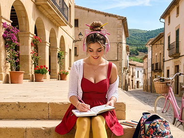 Junge Frau sitzt auf einer Sandsteintreppe im Sommer und zeichnet die engen Gassen von Dingelskirchen. Sie trägt ein rotes Kleid, gelben Strumpfhosen, dicke Wollsocken mit Regenbogenmuster, schwarzen Plattformpumps und Kopfhörer mit Katzenohren.