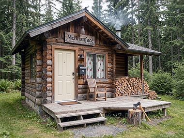Holzhütte mit Erdbeervorhängen mitten im Wald